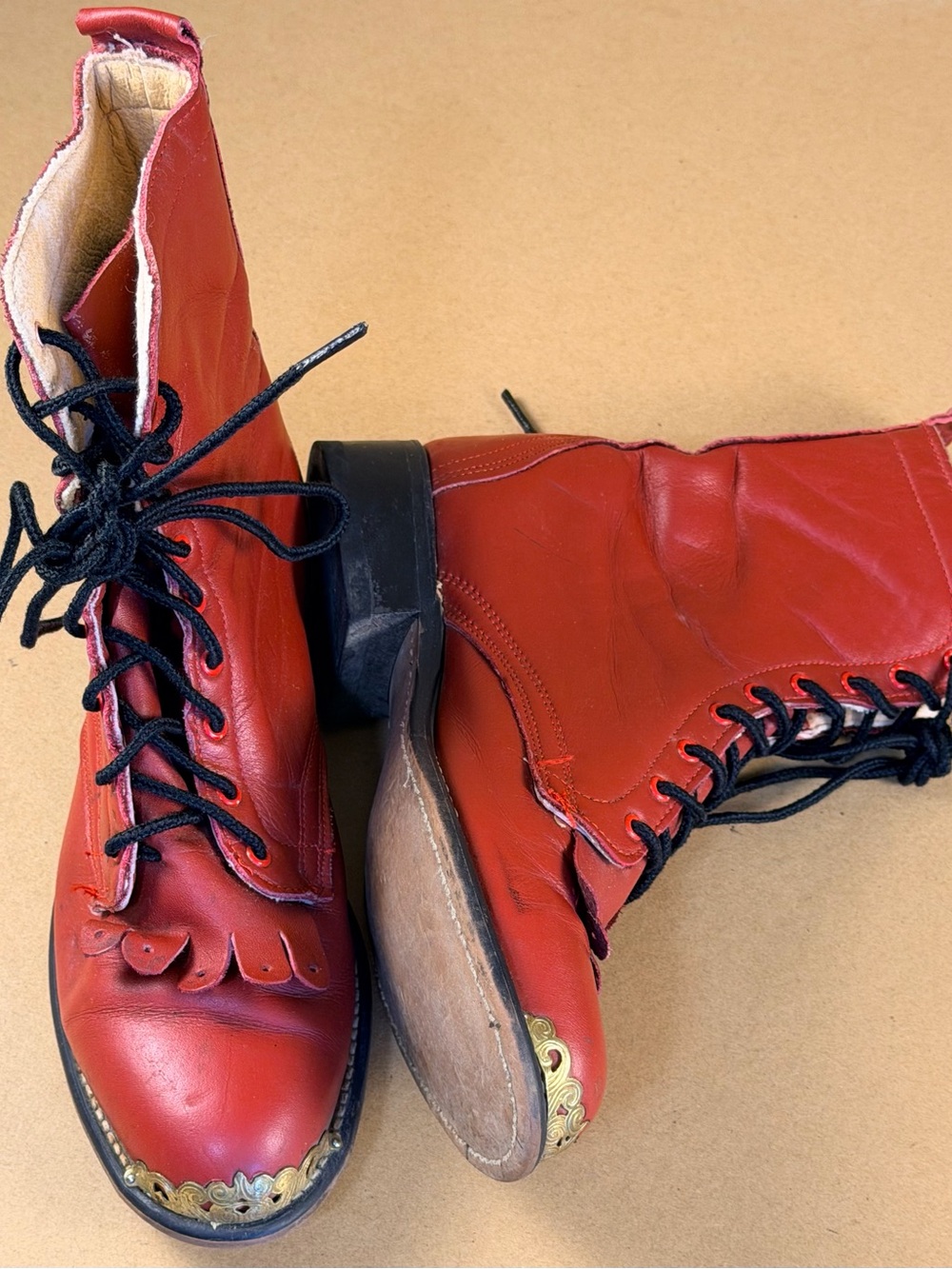 Vintage 70s Laredo Red Frill Toe Lace Up Leather Cowboy Boots Heel Women 6.5 - Picture 4 of 9